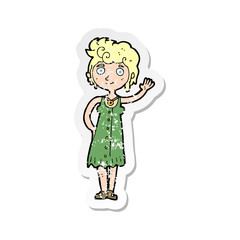 retro distressed sticker of a cartoon hippie woman waving