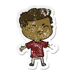 distressed sticker of a cartoon annoyed man