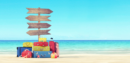 Beach vacations directions and Luggage at the beach 3d render 3d illustration