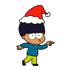 nervous comic book style illustration of a boy wearing santa hat