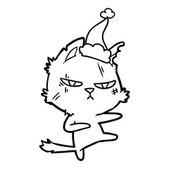 tough line drawing of a cat wearing santa hat