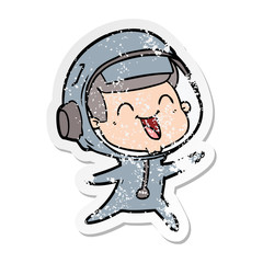 distressed sticker of a happy cartoon astronaut