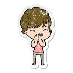 distressed sticker of a cartoon woman thinking