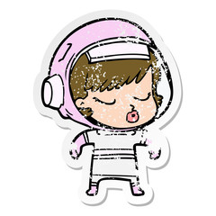 distressed sticker of a cartoon pretty astronaut girl