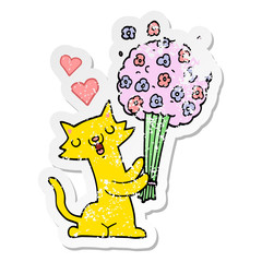 distressed sticker of a cartoon cat in love with flowers