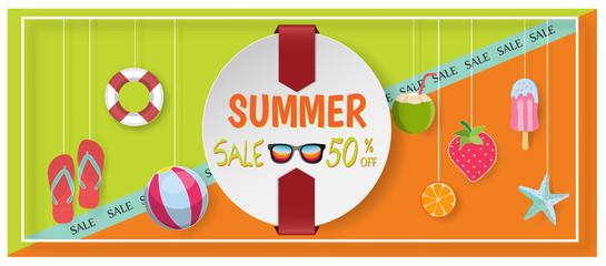 Summer sale banner with 50% off discount text and summer elements in colorful backgrounds for web shopping promotions. Vector illustration. 