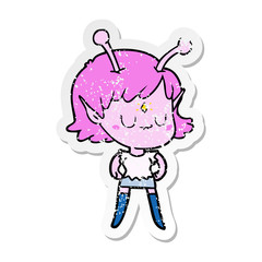 distressed sticker of a cartoon alien girl
