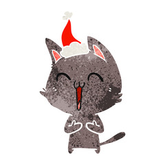 happy retro cartoon of a cat wearing santa hat