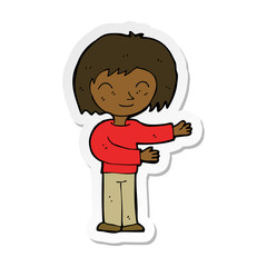 sticker of a cartoon woman gestureing welcome