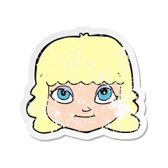 retro distressed sticker of a cartoon happy female face