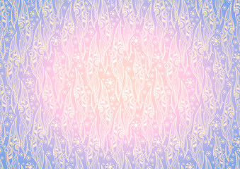 Vector floral background of stylized leaves pattern in Damascus style. Floral, organic vintage with gradient in spring soft pink and purple colors