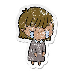 distressed sticker of a cartoon woman crying