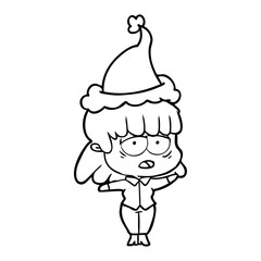 line drawing of a tired woman wearing santa hat