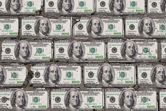 Realistic wall of blocks in form of one hundred dollars. Bricks from money art concept.