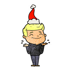 happy textured cartoon of a man shrugging wearing santa hat