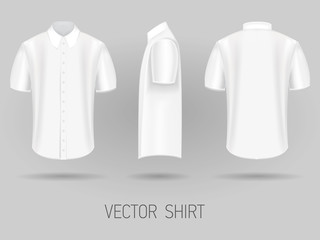 white short sleeve shirt design templates front, back, and side views vector mock up