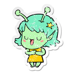 distressed sticker of a happy alien girl cartoon