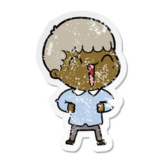 distressed sticker of a cartoon happy man