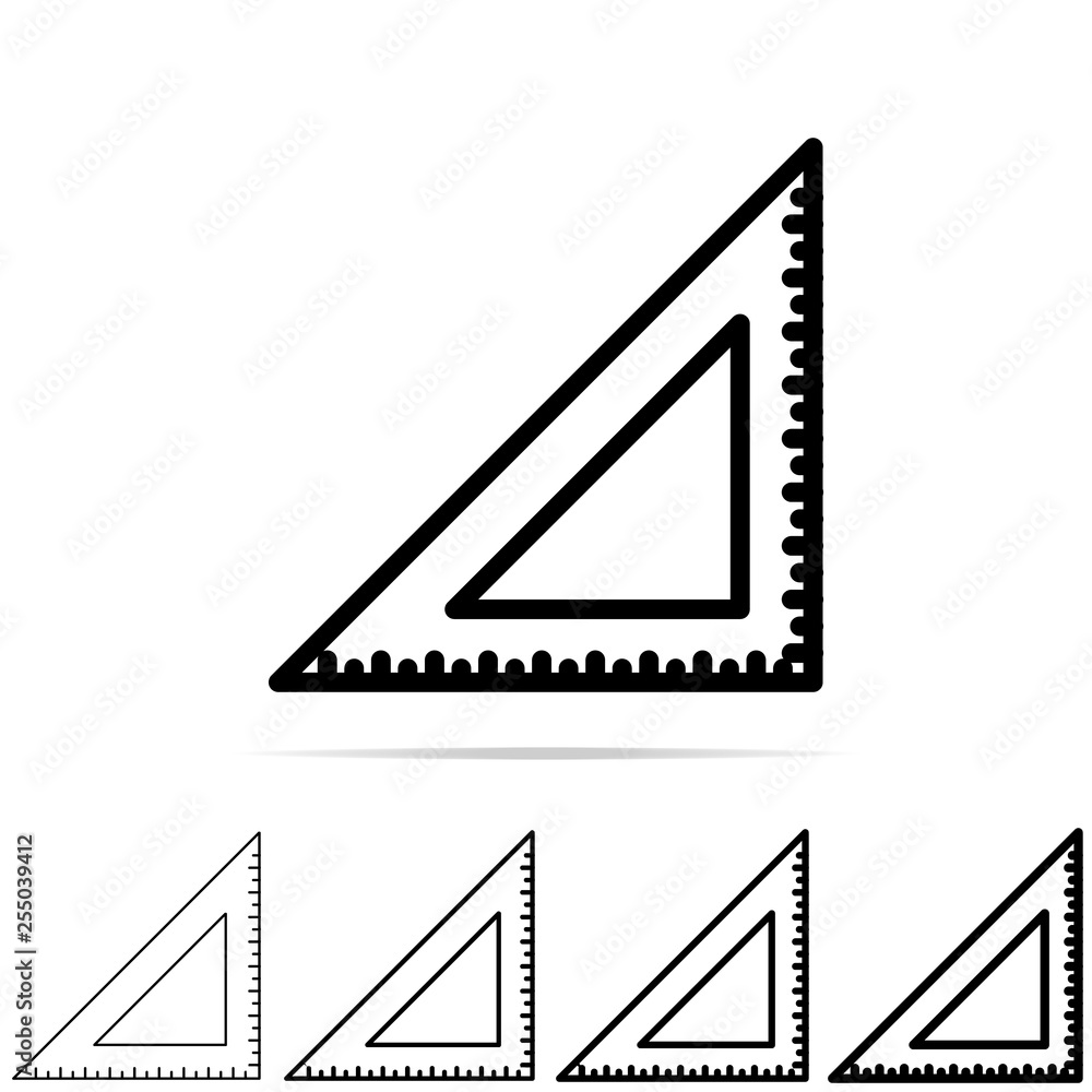 Poster triangular ruler icon in different shapes, thickness. simple thin line, outline vector of education 
