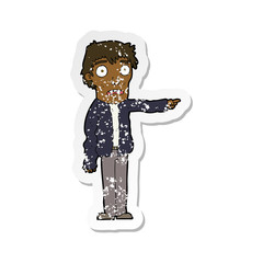 retro distressed sticker of a cartoon terrified man pointing