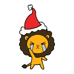 line drawing of a crying lion wearing santa hat