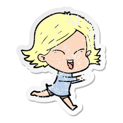distressed sticker of a happy cartoon girl