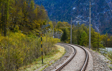 Fototapeta premium Empty railway tracks in Hallstatt, Austria