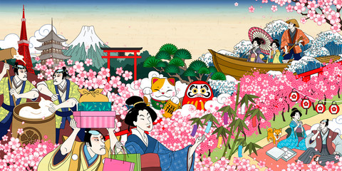Obraz na płótnie Canvas Flower viewing in ukiyo-e style