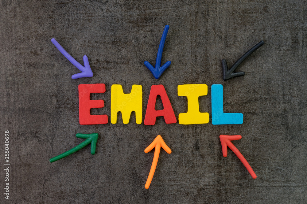 Poster email, electronic mail sending or newsletter concept, multi color arrows pointing to the word email 