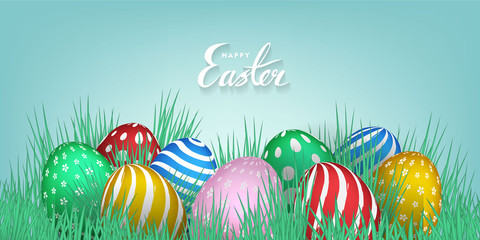 Happy Easter lettering background with in the grass realistic shine colored eggs