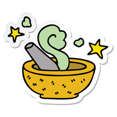 sticker of a quirky hand drawn cartoon magic pestle and mortar
