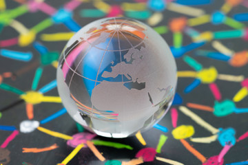 Decoration glass globe with Europe map on blackboard of colorful connecting dot as financial and economics network using as Euro and brexit impact concept