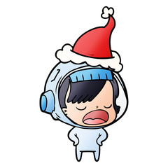 gradient cartoon of a astronaut woman explaining wearing santa hat