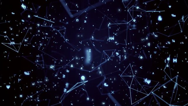 Digital seamless mathematical symbols loop. Abstract digital futuristic motion background with math and physics symbols and mesh network grid. 3D animation with alpha matte channel. 4K science concept