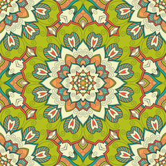 Decorative colorful ethnic seamless pattern for fabric or wrapping in oriental style. Hand drawn illustration