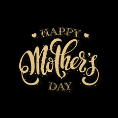 Mothers day greeting card. Handwritten message on black background with golden confetti
