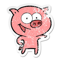 distressed sticker of a cheerful pig cartoon