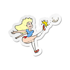 retro distressed sticker of a cartoon female soccer player kicking ball