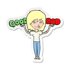 sticker of a cartoon woman weighing up options