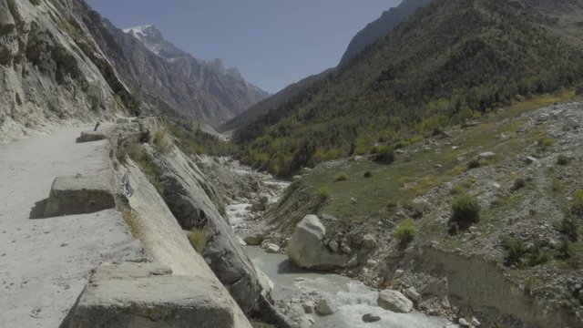 View of Gangotri-Gaumukh trek. Trek takes you to Gomukh (cows mouth)the mythological source of the River Ganges, which is at the snout of the Gangotri glacier.About 18 km long trek An adventurous trek