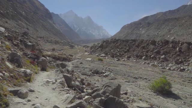 View of Gangotri-Gaumukh trek. Trek takes you to Gomukh (cows mouth)the mythological source of the River Ganges, which is at the snout of the Gangotri glacier.About 18 km long trek An adventurous trek