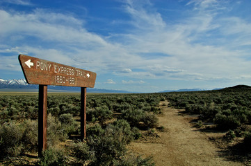 Pony Express Trail and Historic Marker in  sagebrush desert,  Highway 50, Central Nevada. The trail...