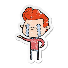 distressed sticker of a cartoon man crying