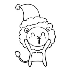 laughing lion line drawing of a wearing santa hat