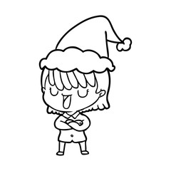 line drawing of a woman wearing santa hat