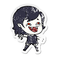 distressed sticker of a cartoon laughing vampire girl