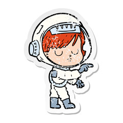distressed sticker of a cartoon astronaut woman