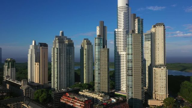 Panoramic aerial view of Puerto Madero modern skyscraper buildings. Buenos Aires, Argentina