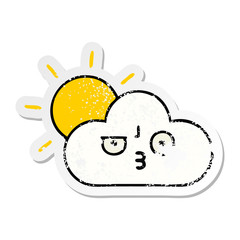 distressed sticker of a cute cartoon sunshine and cloud