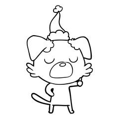 line drawing of a dog wearing santa hat
